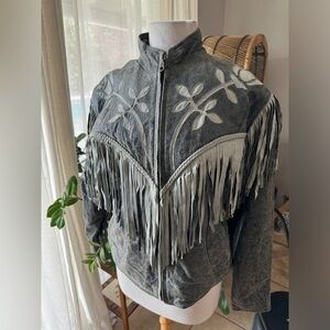 Tour‎ de West Gray Leather Fringe Jacket Western Floral Applique Size L